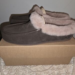 UGG Chocolate Suede Slippers with Blush Fur